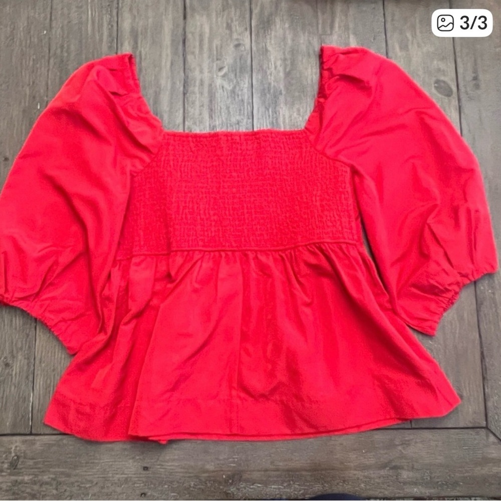 Red Ruffled Peplum Puff Sleeve Blouse